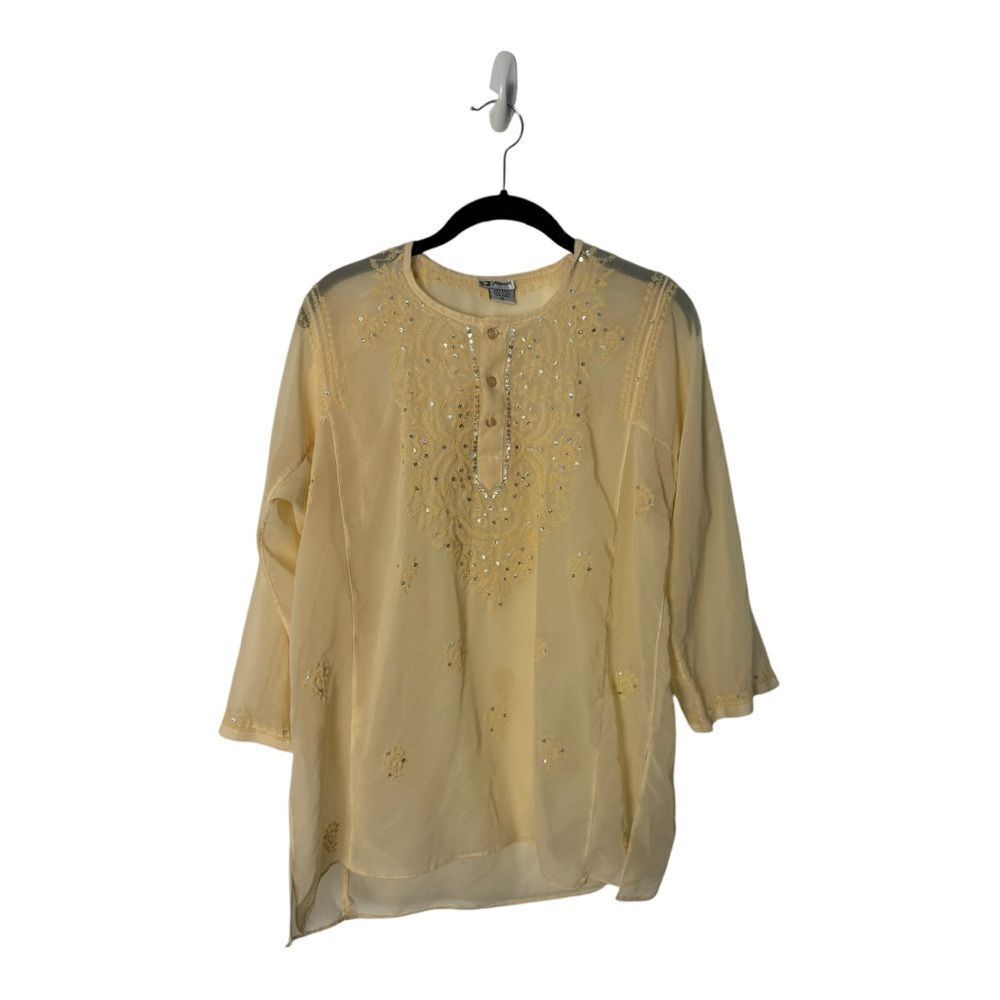 Flower Vintage Embroidered Rayon Tunic Top Yellow XL Boho India